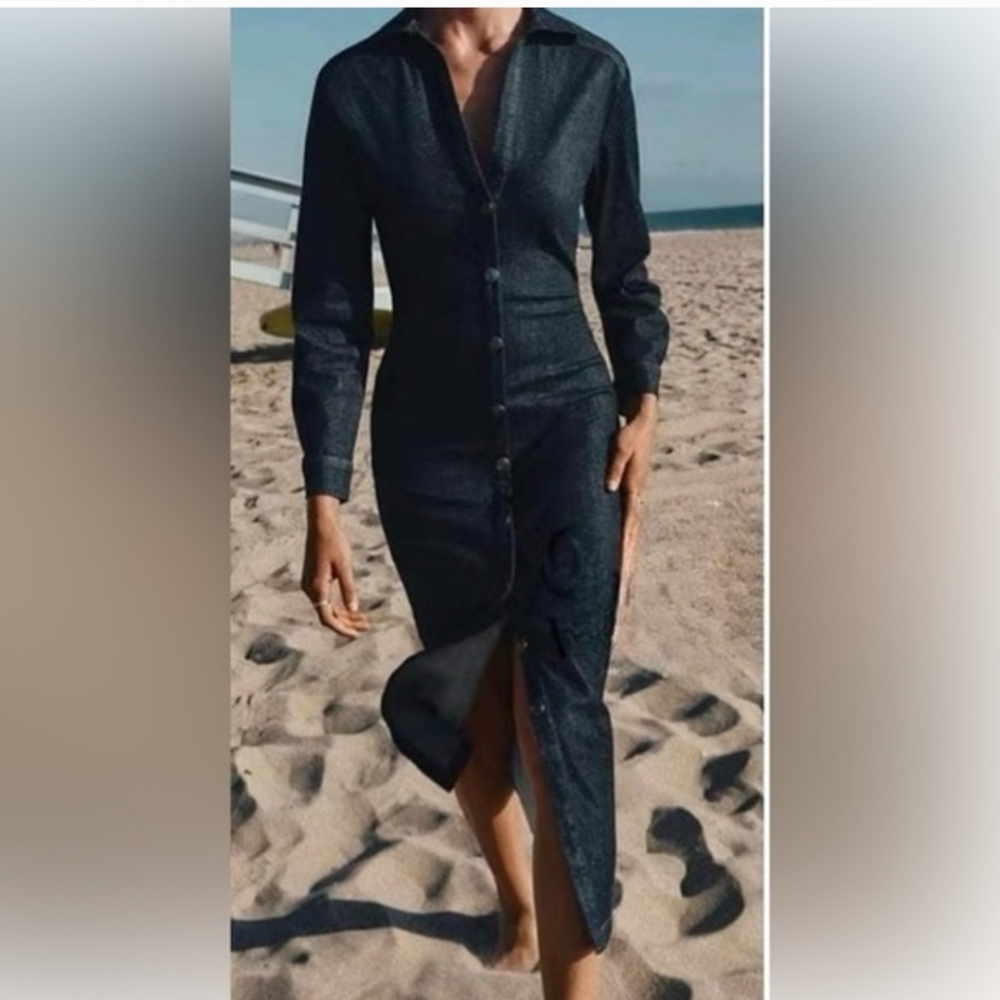 Zara Elegant Denim Button-Down Dress Sz XS - Picture 3 of 12